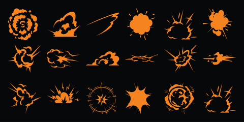 Collection of Orange Cartoon Explosion and Smoke Effects on Black Background © Islam