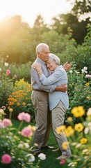 Happy senior couple embracing in a sunlit flower garden