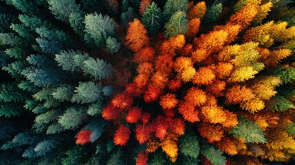 Forest Canopy's Kaleidoscope: An overhead perspective captures a mesmerizing display of nature's artistry. Vibrant foliage in an array of autumnal hues paints a breathtaking panorama.