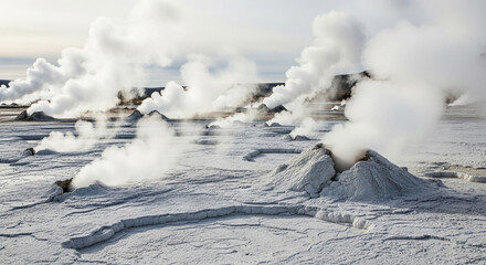 A geothermal area with steaming vents and bubbling mud pools, showcasing the earths internal energy and volcanic activity