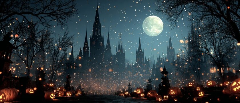 Enchanted halloween eve in a mystical dark wood with eerie moonlight. Scifi poster. Mystical forest setting with luminescent pumpkins and haunted mansion. Drama poster. Poster graphics.