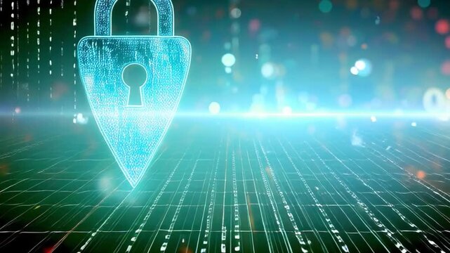 Futuristic digital padlock symbol glowing in blue light above a virtual grid, representing cybersecurity, encryption, and data protection in a modern technology environment.