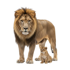 Obraz premium Majestic lion protecting adorable cub, symbolizing strength, legacy, and family bonds for wildlife documentaries and conservation campaigns, inspiring awe and respect