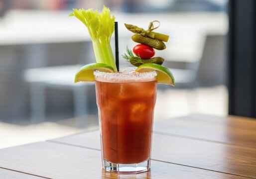 A classic bloody mary cocktail garnished with celery, lime, pickles, and a tomato, served in a tall glass on a wooden table - Powered by Adobe