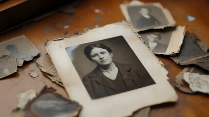 Vintage Photographs on Wooden Desk: A collection of antique portraits reveals a glimpse into the past, preserving memories and stories through time.