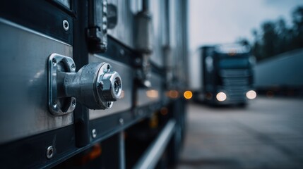 Fototapeta premium Focused view on a multicombination trailers coupling point showcasing the secure locking mechanism while the truck cabin fades into soft focus