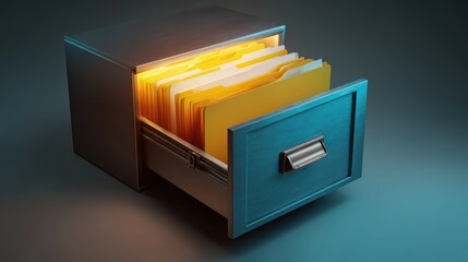Illuminated Records: A file cabinet drawer is agape, spilling forth its illuminated contents, representing organization, data and document storage, information, and the preservation of knowledge.