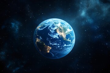 Fototapeta premium Blue planet Earth displaying oceans, continents, and city lights visible against a starry cosmic background