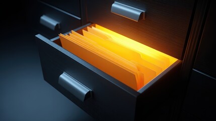 Illuminating Data: An open drawer reveals neatly arranged files radiating a warm, inviting glow, hinting at the wealth of information within.