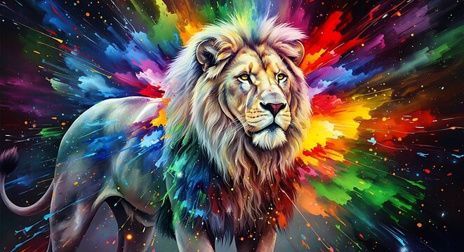 Majestic Lion with Colorful Explosion of Creativity and Artistic Expression