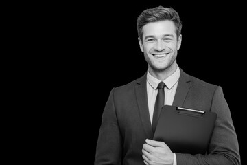 Confident businessman in a suit holding a folder and smiling against a transparent background