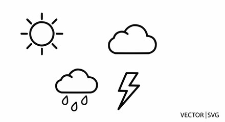Minimal 4 Icon Vector Set – Weather Symbols of Sun, Cloud, Rain and Lightning in Flat SVG Style on White Background