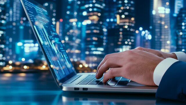 Tech's Embrace: A person intently interacts with a laptop, fingers dancing across the keyboard. Illuminated screen shows data streams. The city lights of the background echo technological advancement.