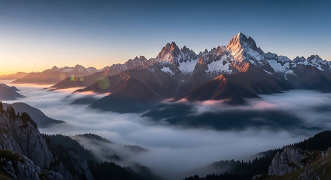 Majestic mountain range with fog filled valley at sunrise panorama