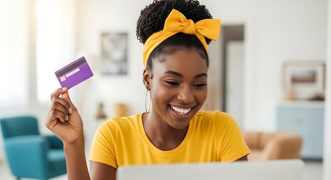 Joyful Black woman smiling, holding credit card, ready for online shopping at home - Powered by Adobe