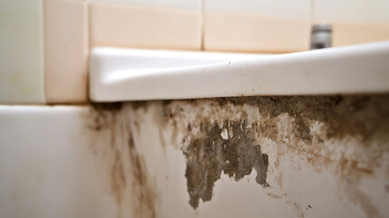 Mold and Water Damage: A close-up reveals black mold growth and paint peeling from water damage near a bathtub, highlighting the effects of moisture.