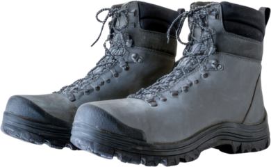 Pair of black work boot for outdoor protection. Rugged, durable, heavy duty combat boot, isolated on plain background, projecting strength and readiness for any adventure