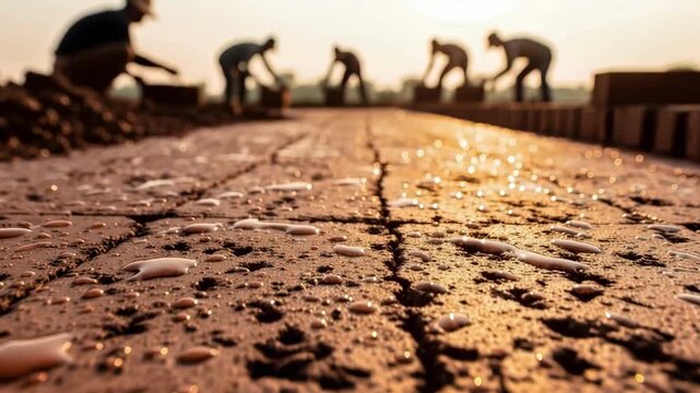 Wet clay texture with silhouettes of workers forming bricks under warm daylight. Wet clay forms the foundation for brick construction while workers create durable materials.