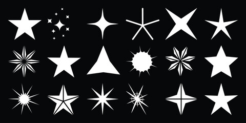 Collection of White Star Shapes and Sparkle Icons on Black Background