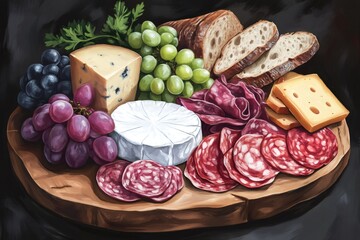 French charcuterie board with sliced meats, cheeses, grapes, and bread, conveying gourmet food, appetizers, and dining