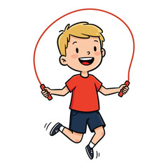 Hand Made Cartoon boy jumping rope a vector illustration of a happy child exercising isolated on white background