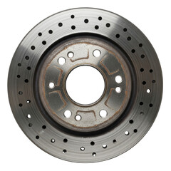 Obraz premium Drilled and perforated automotive brake rotor disk component for vehicle repair and engineering projects isolated PNG with Transparent Background