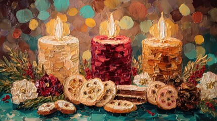 Warm Festive Candles: A vibrant painting showcases three lit candles in the foreground, surrounded by decorative foliage and delicious treats, creating a warm and inviting atmosphere.