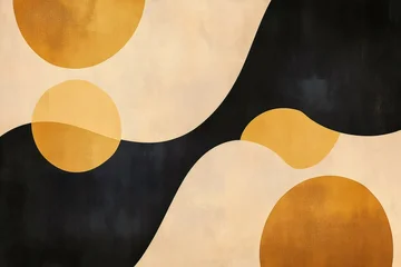 Papier peint photo Style Japandi Abstract artwork featuring a minimalist design with flowing black and beige shapes interacting with golden yellow circles and a grunge texture  © Татьяна Евдокимова