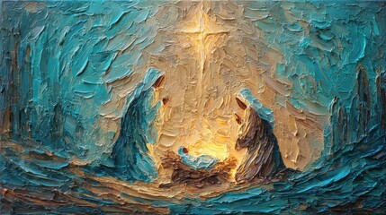 The Nativity Scene: An artistic rendering of the Nativity scene. A serene depiction, with a focus on the central figures and the bright, symbolic star, capturing the heart of the sacred story.