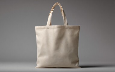 a mockup of an empty, blank tote bag with long handles, made of beige-colored canvas fabric, 