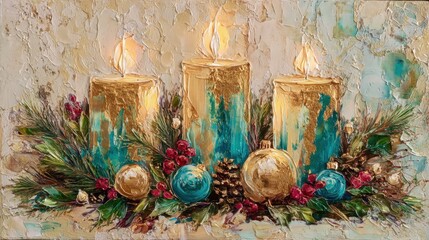 Golden Glow of the Season: An artistic rendition of the holiday spirit with glowing candles, evergreen foliage, and festive ornaments that evokes a sense of warmth and festivity.