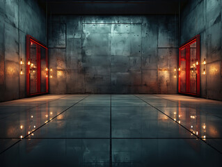 Modern Interior Featuring Reflective Concrete Floor and Recessed Lights in Dark Setting