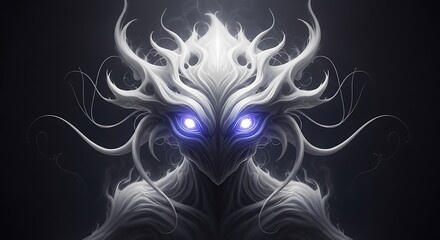 Mysterious ethereal being with glowing eyes in a dark atmosphere