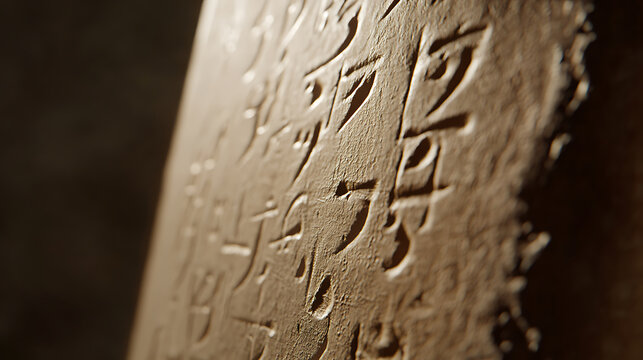Ancient Carvings: Close-up of a weathered stone tablet adorned with mysterious, archaic symbols, hinting at forgotten tales. - Powered by Adobe