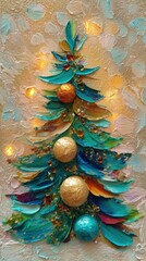 Festive Christmas Tree: A vibrantly painted Christmas tree is adorned with ornaments and soft, ethereal lights, evoking the warmth and joy of the holiday season.