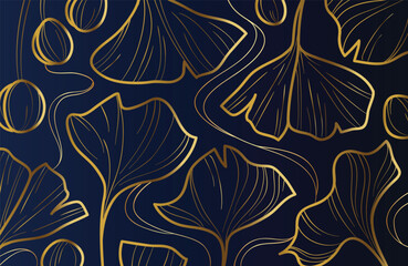 "Golden Ginkgo Leaf Pattern on Dark Blue Background &ndash; Elegant Botanical Design for Luxury Decor & Textiles"