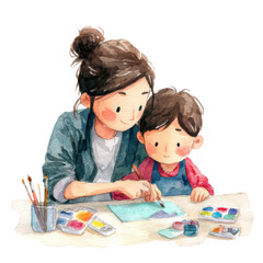 Caring mother teaching her son painting with watercolor. happy parent and child drawing together, enjoying family art activity and expressing creativity and love