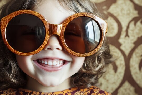 Happy child wearing oversized sunglasses, smiling in a vintage setting with patterned wallpaper