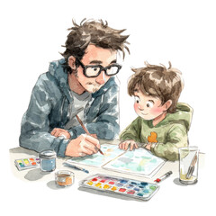 Happy father and son painting together with watercolor, beautiful family bonding moment. parent helps child learn art at table with creative hobby