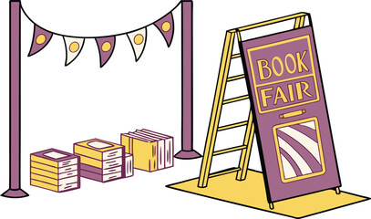 Charming book fair illustration inviting readers to explore literary treasures and discover new authors, perfect for educational promotions