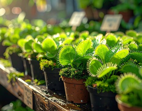 Row of green Venus flytrap plants in black and brown pots with morning dew