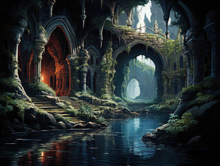 Watercolor Illustration of Caves with Stalactites Glimmering Like Chandeliers