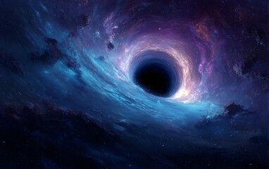  a black hole in space, with purple and blue light around it. the background is dark, creating an eerie atmosphere. 
