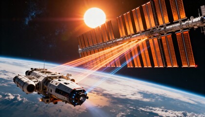 Exploring spacecraft docking with space station outer space digital art sci-fi aerial view technology innovation