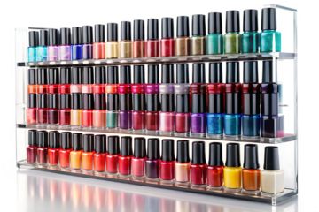 A large display rack filled with numerous colorful bottles of nail polish, isolated on transparent background.png