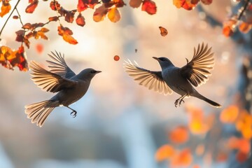 Obraz premium Birds in flight among autumn leaves with warm sunlight illuminating the scene