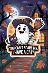 Halloween illustration with smiling ghost in witch hat, black cat, full moon and “YOU CAN’T SCARE ME, I HAVE A CAT!” text. Whimsical festive artwork for decor or editorial use.