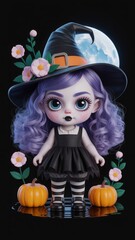 Cute gothic character in witch costume holding pumpkin basket, surrounded by roses and leaves. Storybook Halloween artwork for branding, wall art or printable design.