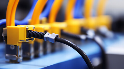 Close-up of connecting cables with yellow and blue tubes. Cables and wires are connected to a blue base and run into the background. Tech concept.