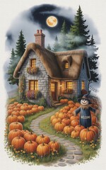 Autumn illustration with cozy cottage, pumpkin patch, cheerful scarecrow and smiling moon. Whimsical seasonal artwork for decor, packaging or editorial use.